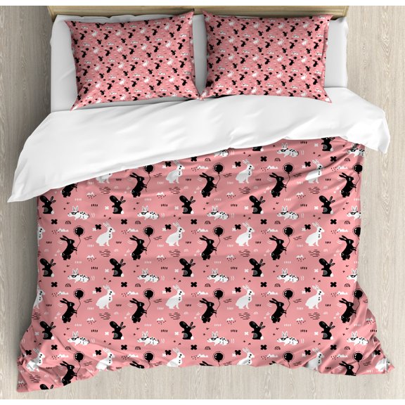 Bunny Duvet Cover Set Queen Size, Creative Pattern of Funny Forest Animal Rabbits Flowers, Decorative 3 Piece Bedding Set with 2 Pillow Shams, Pastel Pink Charcoal Grey White, by Ambesonne