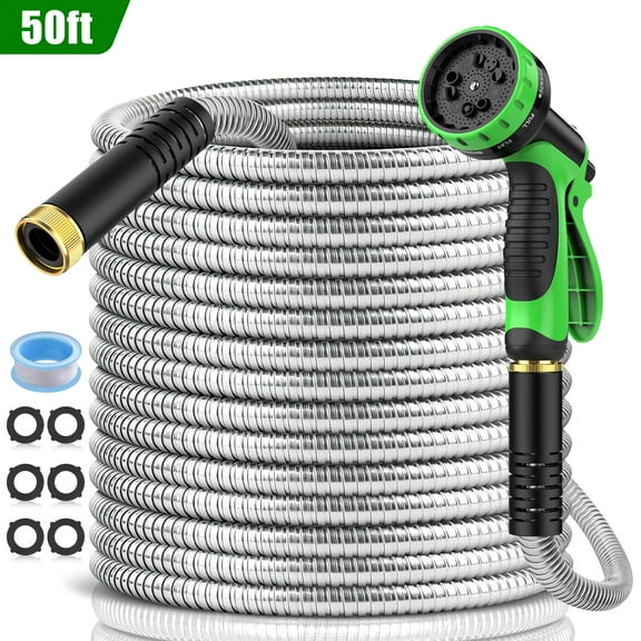 50ft Garden Hose, Metal Stainless Steel Water Hose w/ 10 Functional Nozzles & 3/4 inch Brass Fittings, Flexible, Kink&Tangle Free, Puncture Resistant, Heavy Duty Water Pipe for Yard&Outdoor(Sliver)
