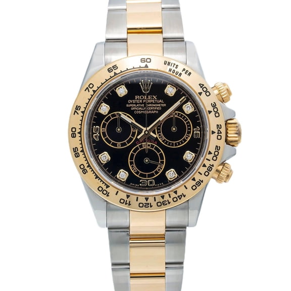 Pre-Owned Rolex Cosmograph Daytona 40MM 116503 Black Diamond Dial Tachymeter Bezel Two Tone Yellow Gold Oyster Bracelet