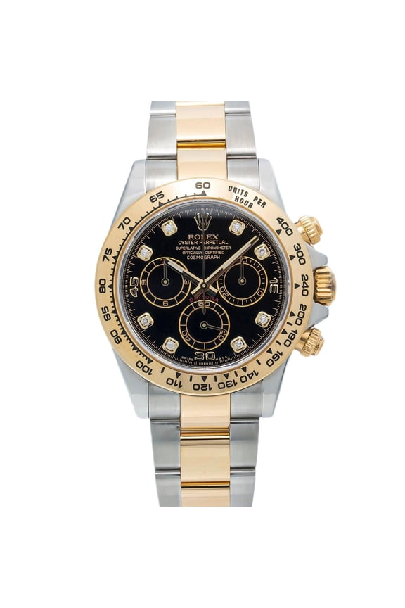 Pre-Owned Rolex Cosmograph Daytona 40MM 116503 Black Diamond Dial Tachymeter Bezel Two Tone Yellow Gold Oyster Bracelet