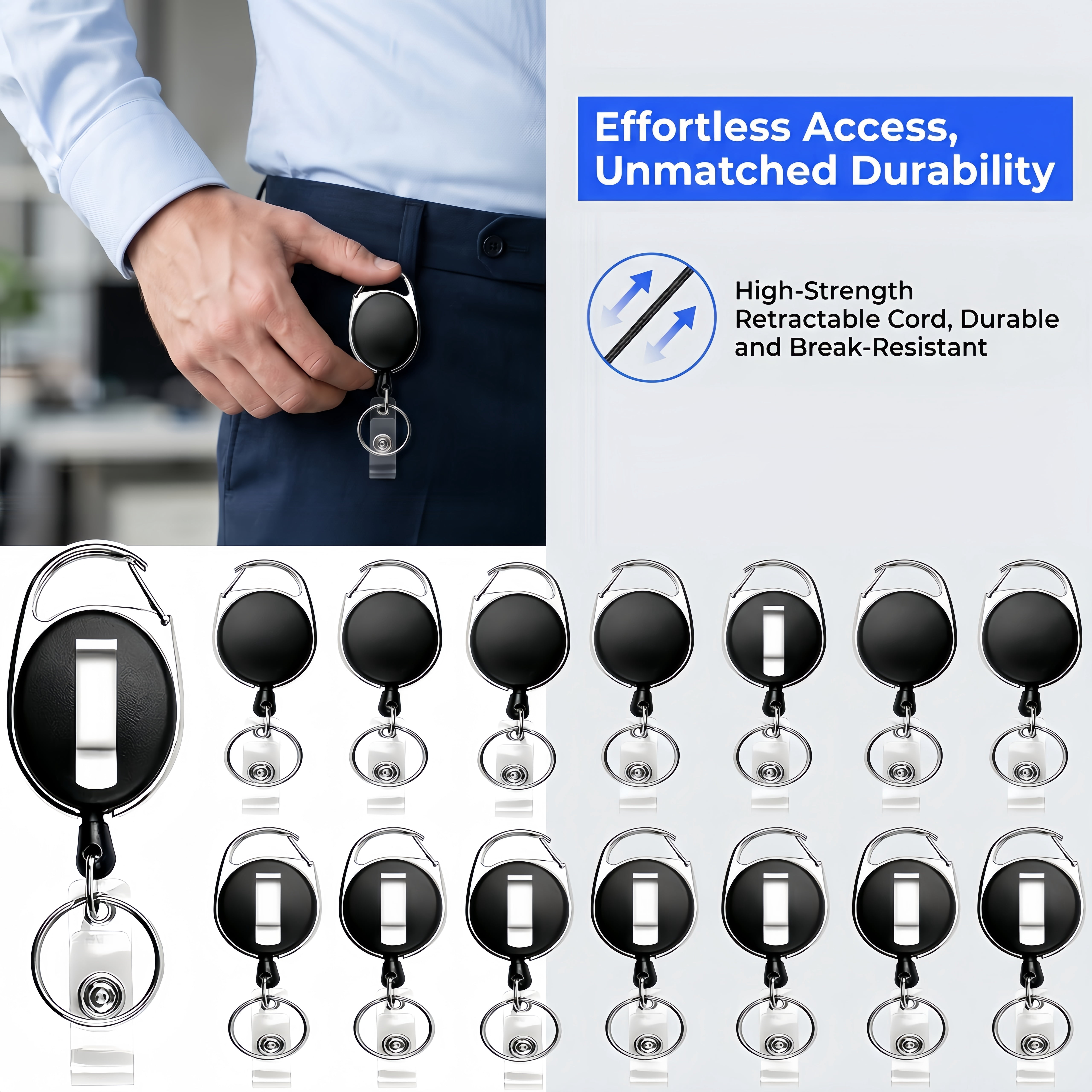 30 Packs Heave Duty Badge Reels Retractable with Carabiner Belt Clip and Key Ring,(Black, 26.5 Inch Pull Cord)
