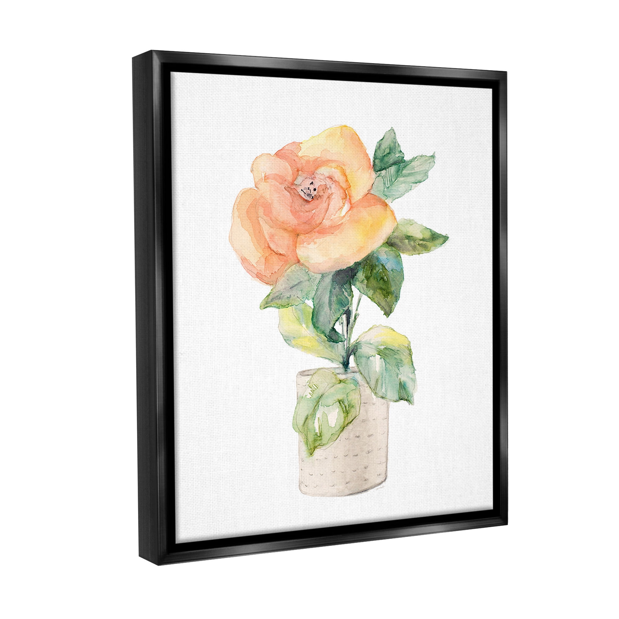 Stupell Industries Rose Sprig in Planter Botanical & Floral Painting Black Floater Framed Canvas Art Print Wall Art, 17 x 21