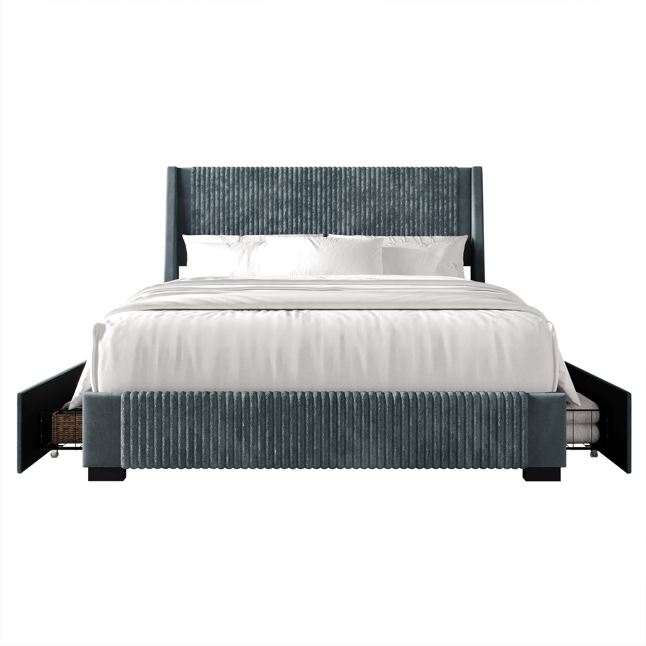 Castle Place Corduroy Velvet Queen Platform Bed With Storage, Light Blue