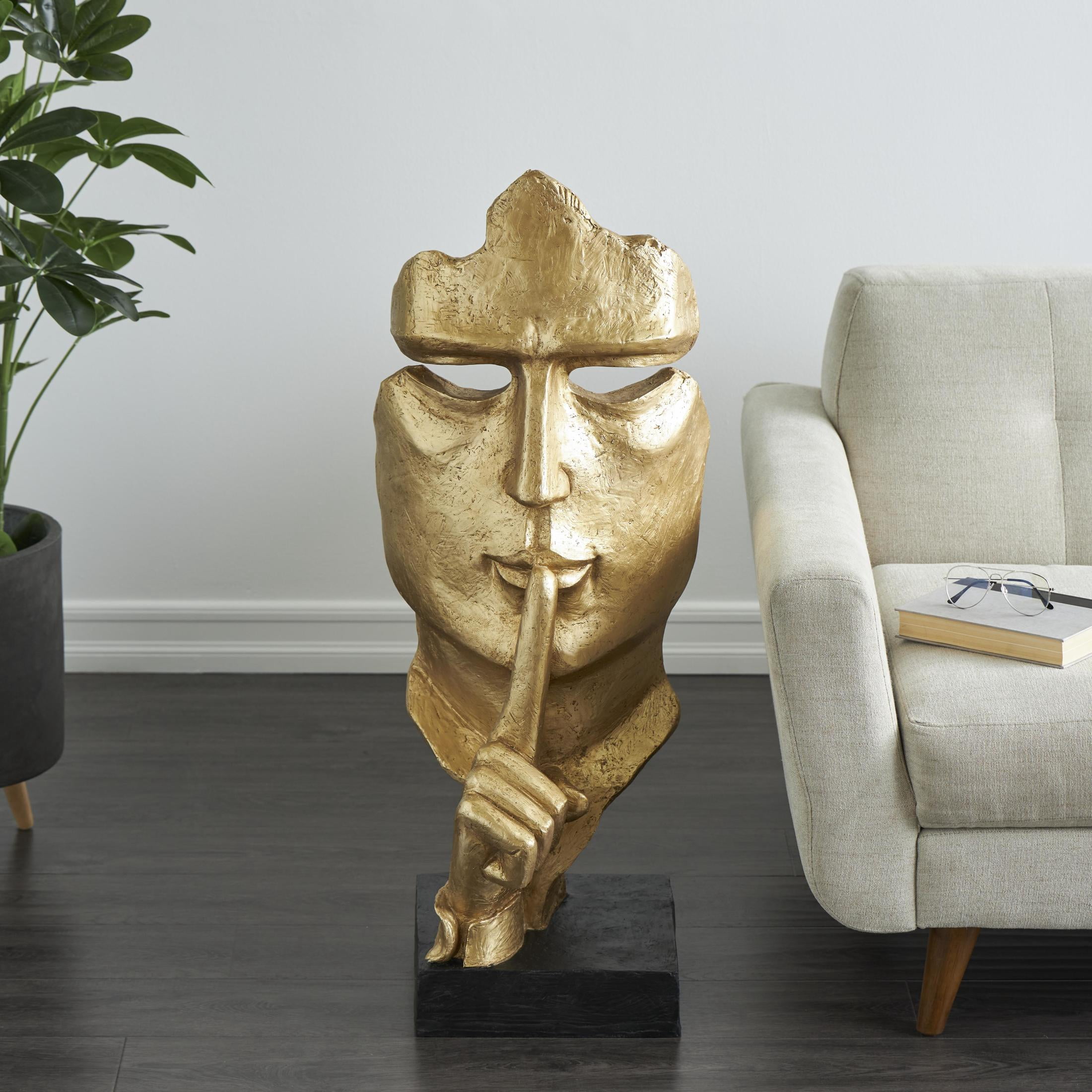 14" x 40" Gold Polystone Large Cutout Quiet Gesture Face People Sculpture with Black Base, by DecMode