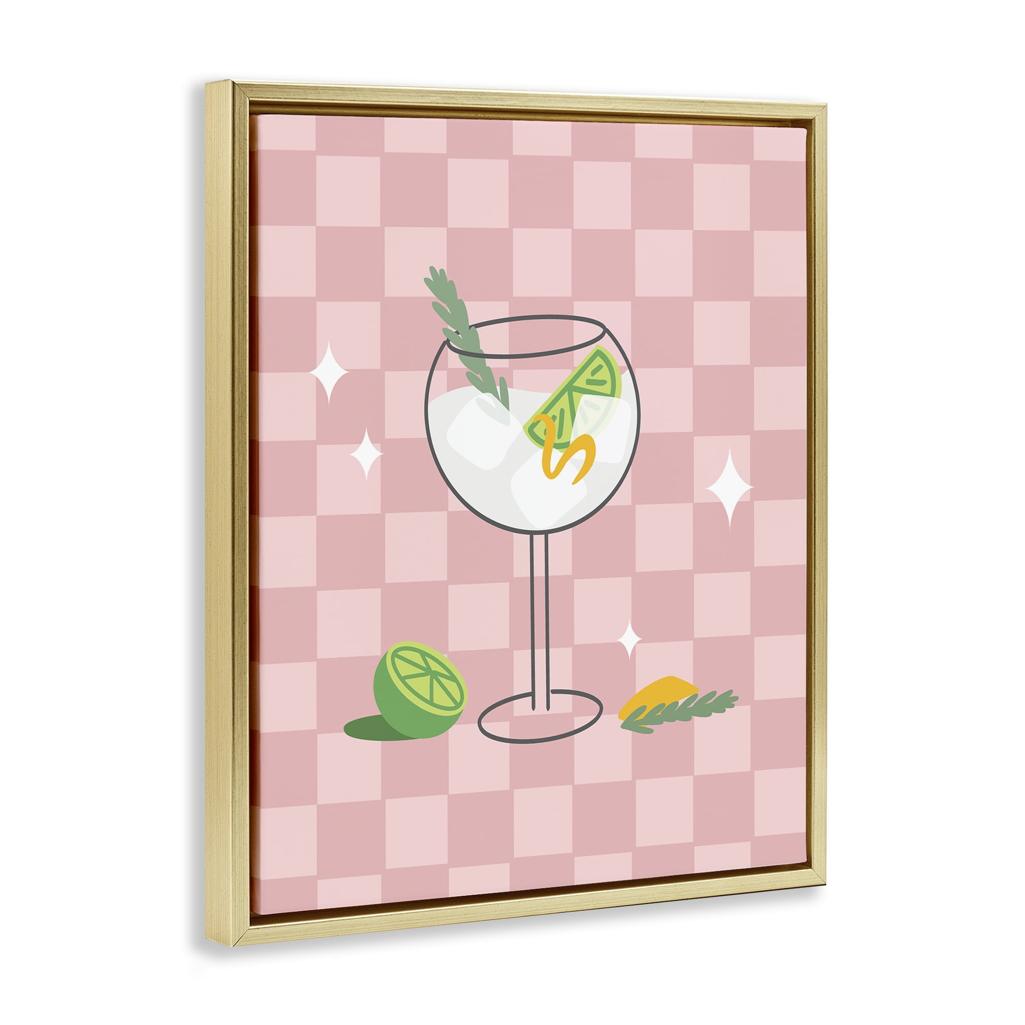 Stupell Industries Gin & Tonic on Checkered Food & Beverage Painting Gold Floater Framed Canvas Art Print Wall Art, 25 x 31