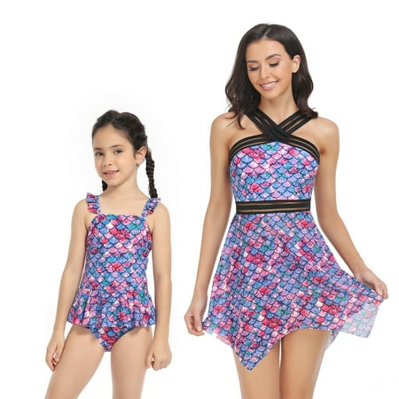 

Peyakidsaa Mother and Daughter Family Matching Swimwear Fish Scale Print Swimsuit Swimming Beach Wear