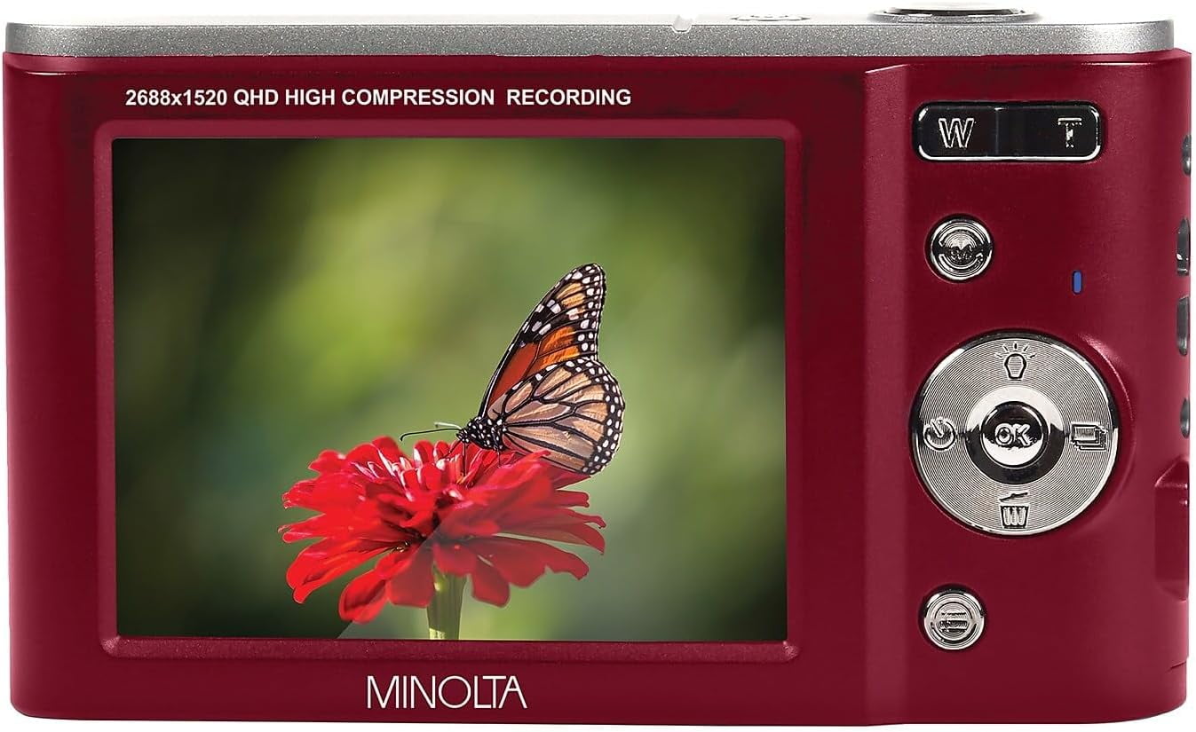 Minolta MND20 44 MP / 2.7K Ultra HD Digital Camera (Red) + 32GB Memory Card + 12" Tripod + Memory Card Wallet + More Bundle