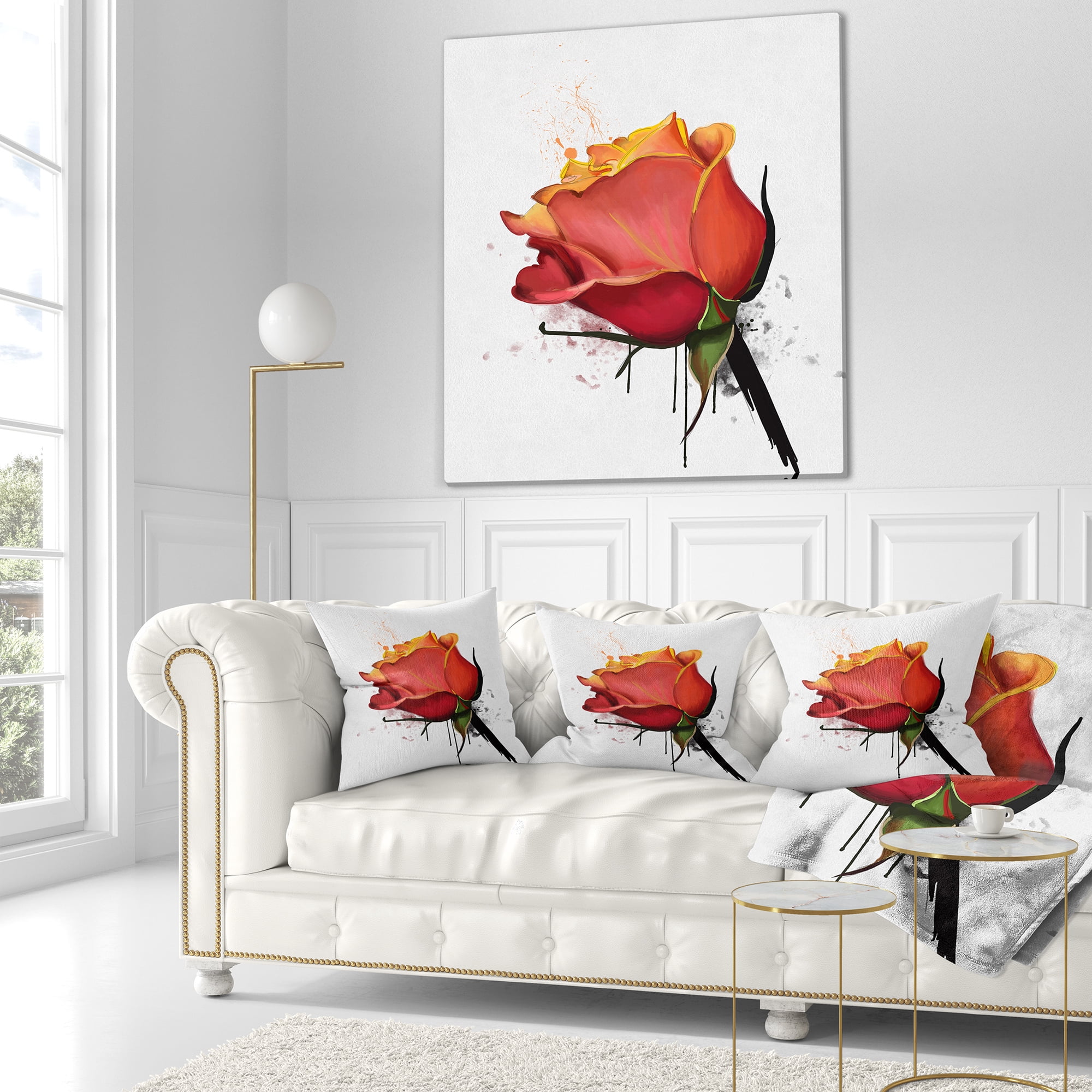 Designart Isolated Red Rose Watercolor Sketch - Floral Throw Pillow - 16x16