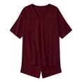 thumbnail image 4 of GILIGEGE Women 2 Piece Lounge Set V Neck T-Shirts Tops Solid Color Set Workout Casual Side Split Matching Tracksuit Casual Oversized Shirts Biker Shorts Matching Airport Travel Outfit Clothes Wine, 4 of 6