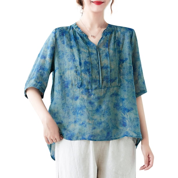 Blusa holgada para mujer, plisada, con volantes, media manga, estampada, estilo vintage, informal