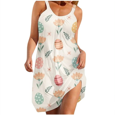 

jsaierl Womens Easter Dresses 2023 Bunny Egg Print Summer Dresses Plus Size Sleeveless Midi Dress Boho Tank Dresses Happy Easter Gift for Women
