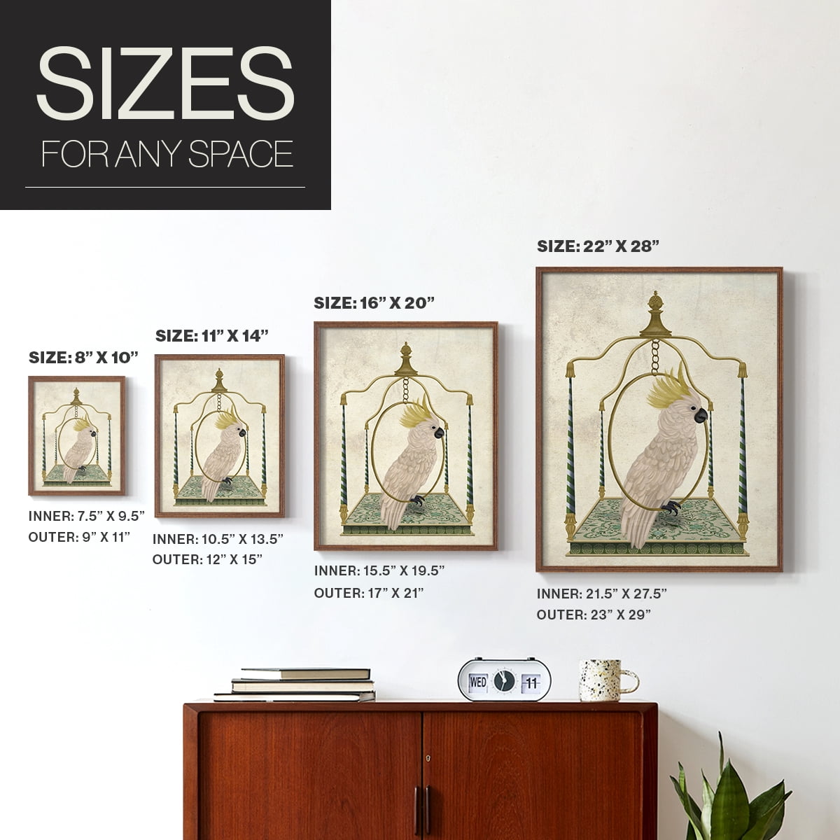 White Cockatoo on Swing Framed Print in Brown Solid Wood 11 x 14 Framed Print