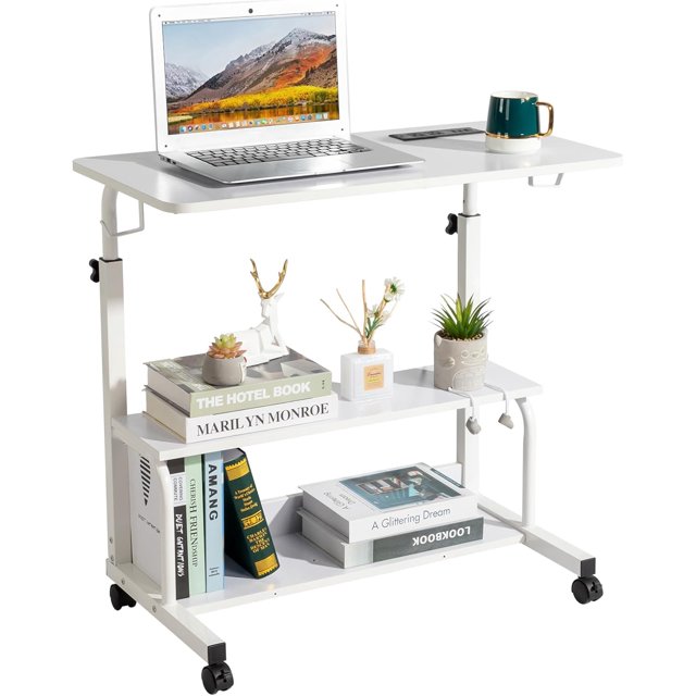Height Adjustable Standing Desk with Power Outlets, Computer Desk Portable Rolling Desk, Mobile Stand Up Desk Laptop Desk, Home Office Desk Study Table Work Writing Desk for Home Office