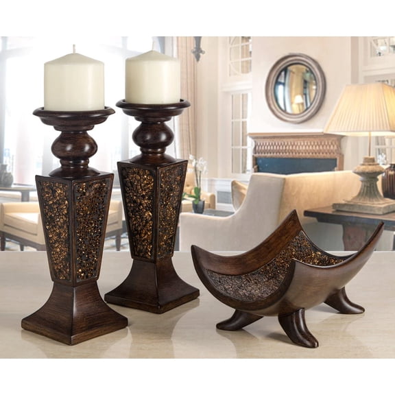 Schonwerk Brown Pillar Candle Holder Set of 2 - Crackled Mosaic Design - Functional Table Decorations - Centerpieces for Dining/Living Room - Best Wedding Gift
