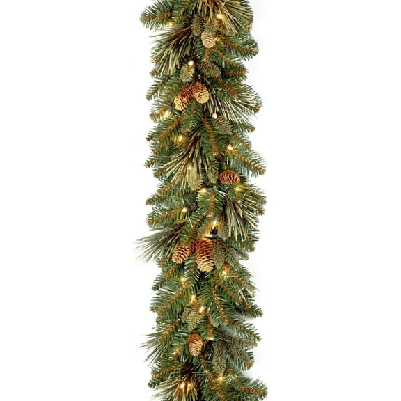 9 ft Pre-Lit Carolina Pine Artificial Christmas Garland, Christmas Decoration with Pinecones, 100 Clear Lights, 240 Tips, Green