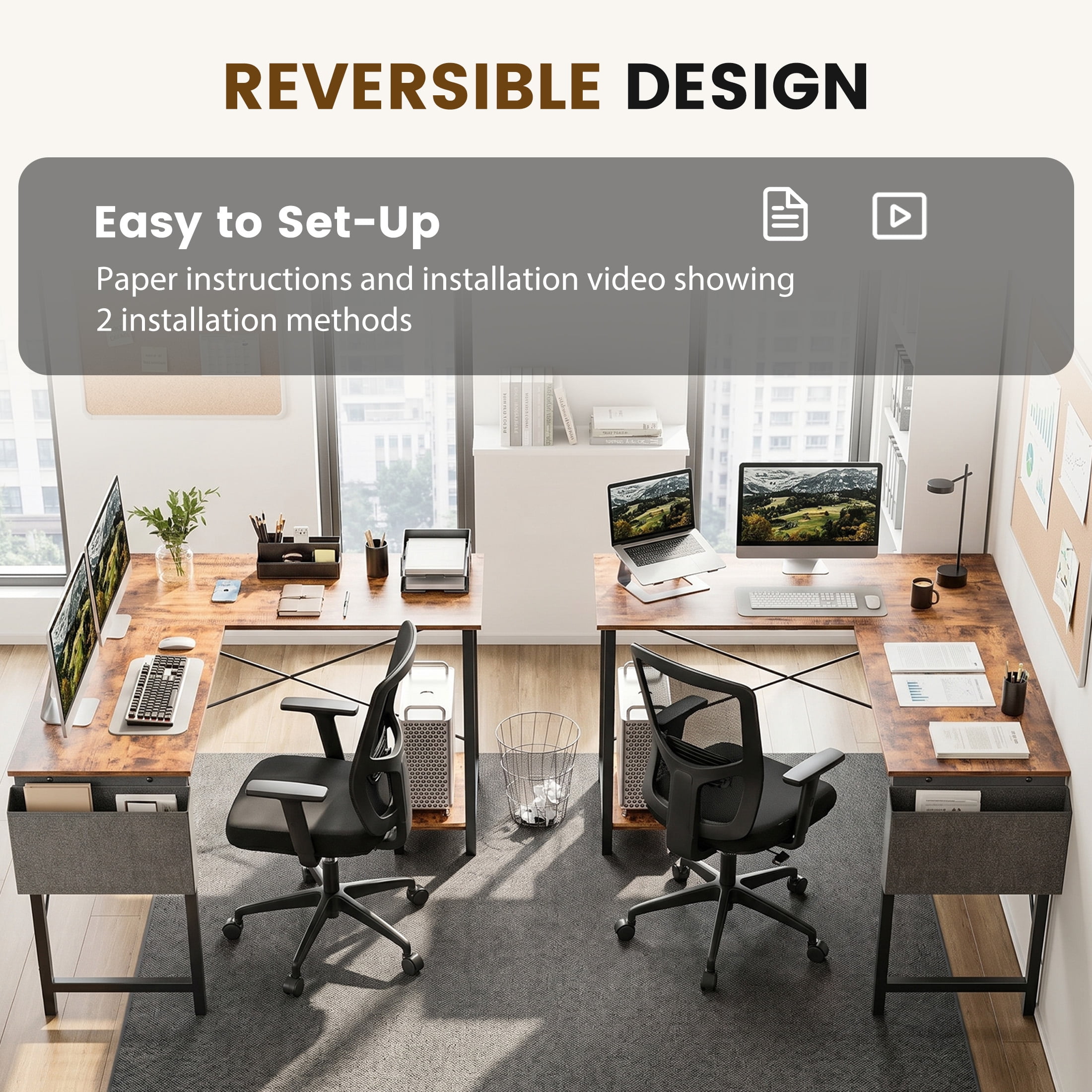 CONCETTA 49in Reversible L Shaped Computer Desk with Storage, Coner Desk with Wooden Desktop, CPU Stand and Side Bag for Home Office & Gaming, Rust Brown