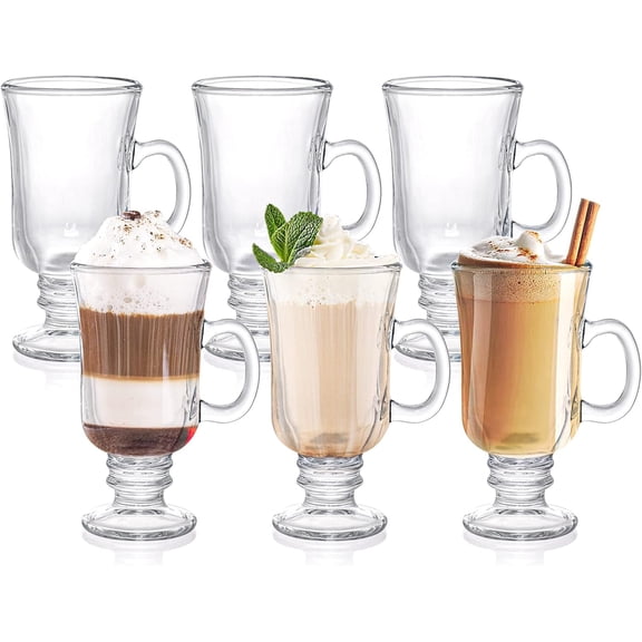 6 Pack 8 oz Clear Glass Coffee Mugs with Handles, Footed Espresso Cups, Borosilicate Glass Goblet Mugs for Latte, Cappuccino, Tea, Hot and Cold Drinks, Dishwasher & Microwave Safe
