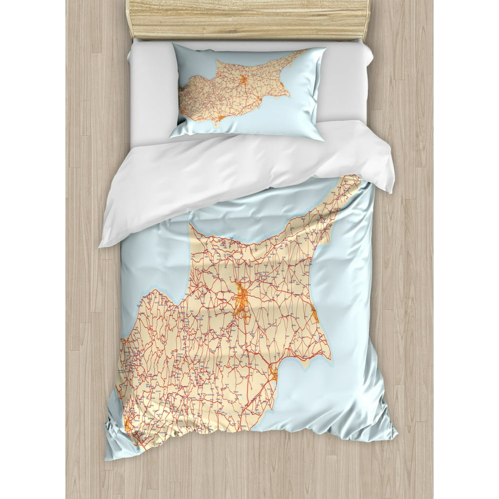 Cyprus Duvet Cover Set, Detailed Road Map of Mediterranean Island