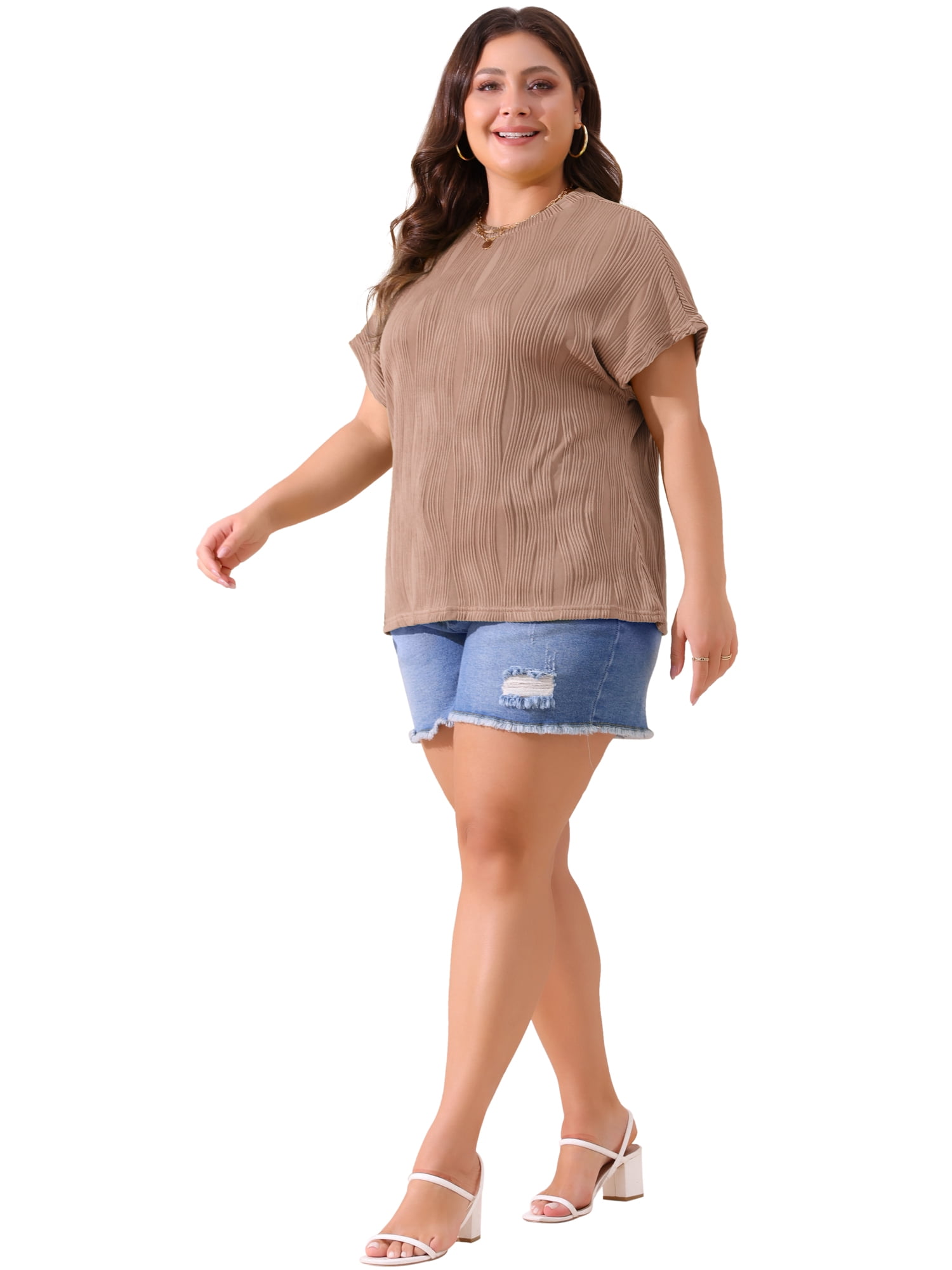Women's Plus Women's Short Sleeve Textured Tops Crewneck Casual T Shirts 2X Brown
