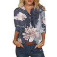 thumbnail image 4 of ZMHEGW T Shirts For Women Trendy Dressy Casual Flower Feather Printing Buttons O Neck Three Quarter Sleeve Tops Blouse Tshirt For Women, 4 of 5