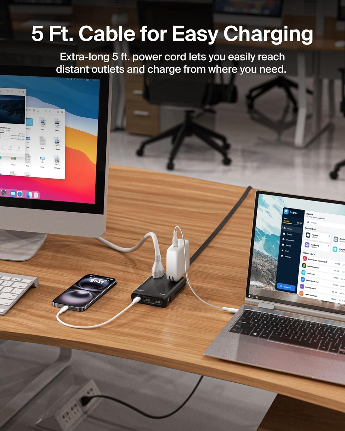 Belkin GaN Charging Station 70W, 6-in-1 USB C Charger w/ 2 AC Outlets, 2 USB A Ports, Integrated USB C Cable-Power Strip for iPhone, Apple Watch, iPad, MacBook, Chromebook, Laptop, Travel Essential