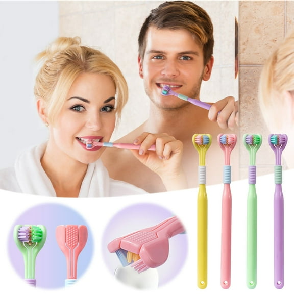 4pc 3-Sided Brush Toothbrush Set, Bulk Toothbrush for Children and Adults with Special Needs, Multi-Angle Cleaning, Medium Soft Bristles,Yellow, Pink, Green, Purple