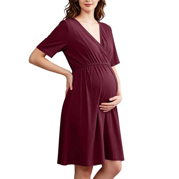 Annhoo Maternity Dress Short Sleeve V Neck Pleated Waist Knee Length Flowy Gowns Fall Casual Pregnancy Dress