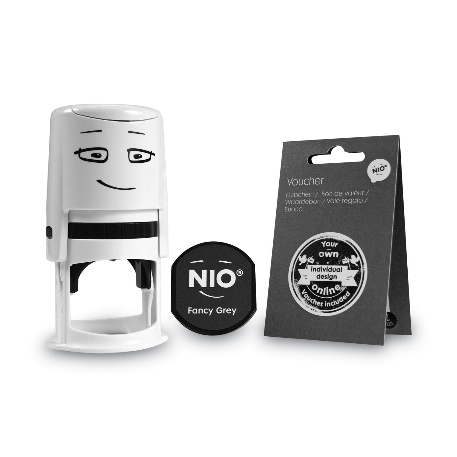 Stamp With Voucher And Fancy Gray Ink Pad, Self-Inking, 1.56" Diameter
