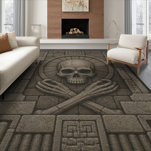 ODIKA 8'x10' Washable Area Rug Gray Stone Skull Relief Design Intricate Gothic Motif with Geometric Borders for Dining Room, Large Office, Lounge, Non-Slip Chair-Friendly Mat