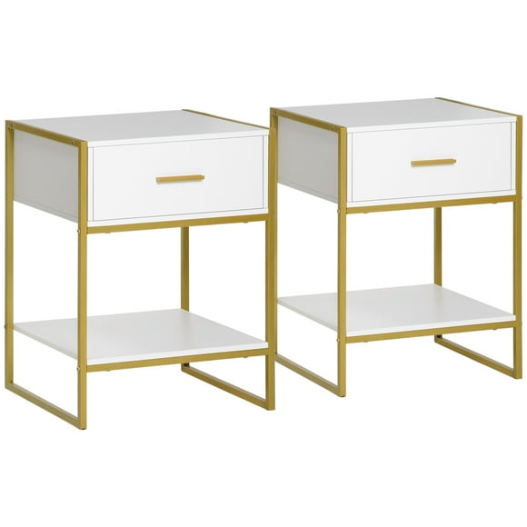 HOMCOM Ensemble Moderne de 2 Tables d'Appoint avec Tablette et Tiroir Blanc Or