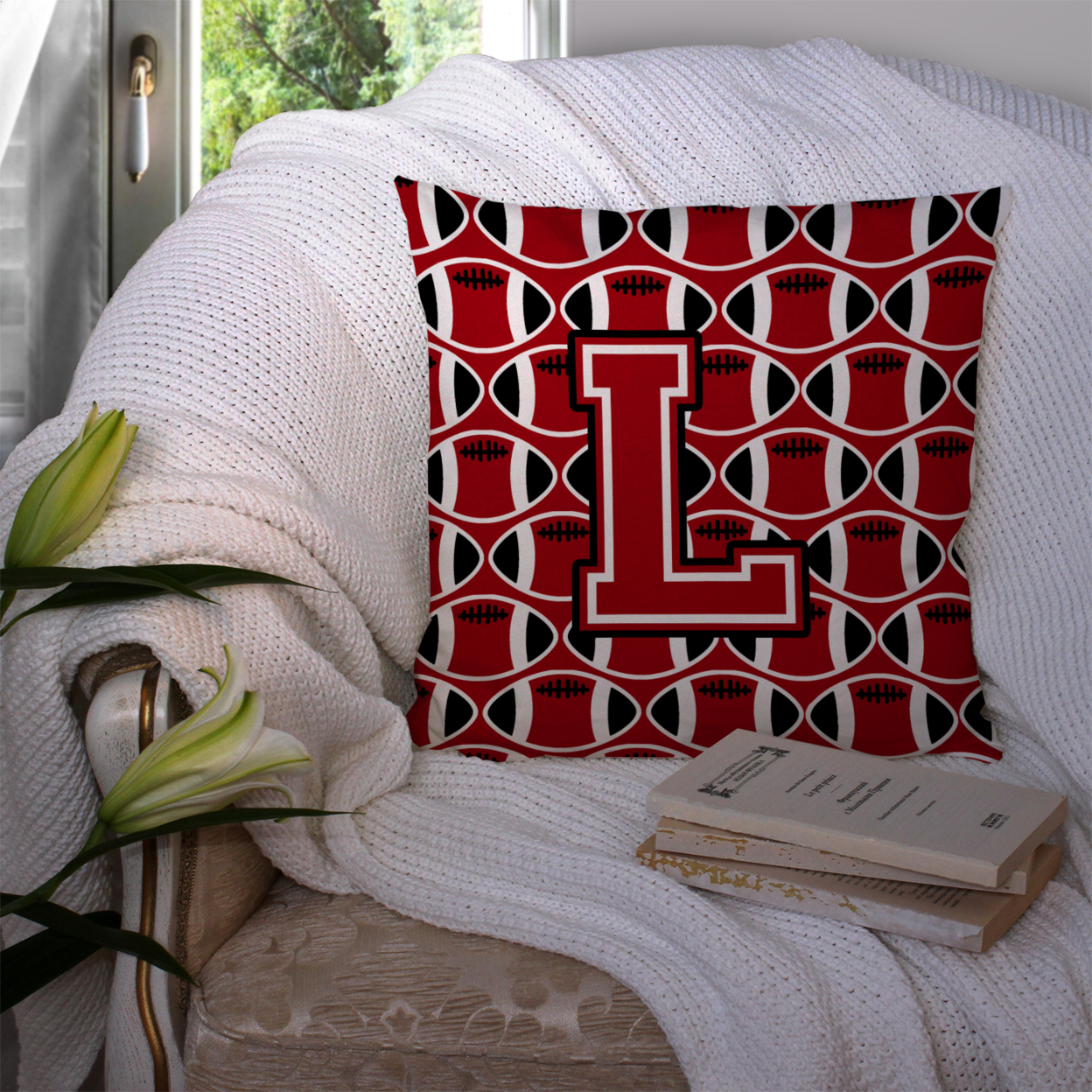 Letter L Football Red, Black and White Fabric Decorative Pillow