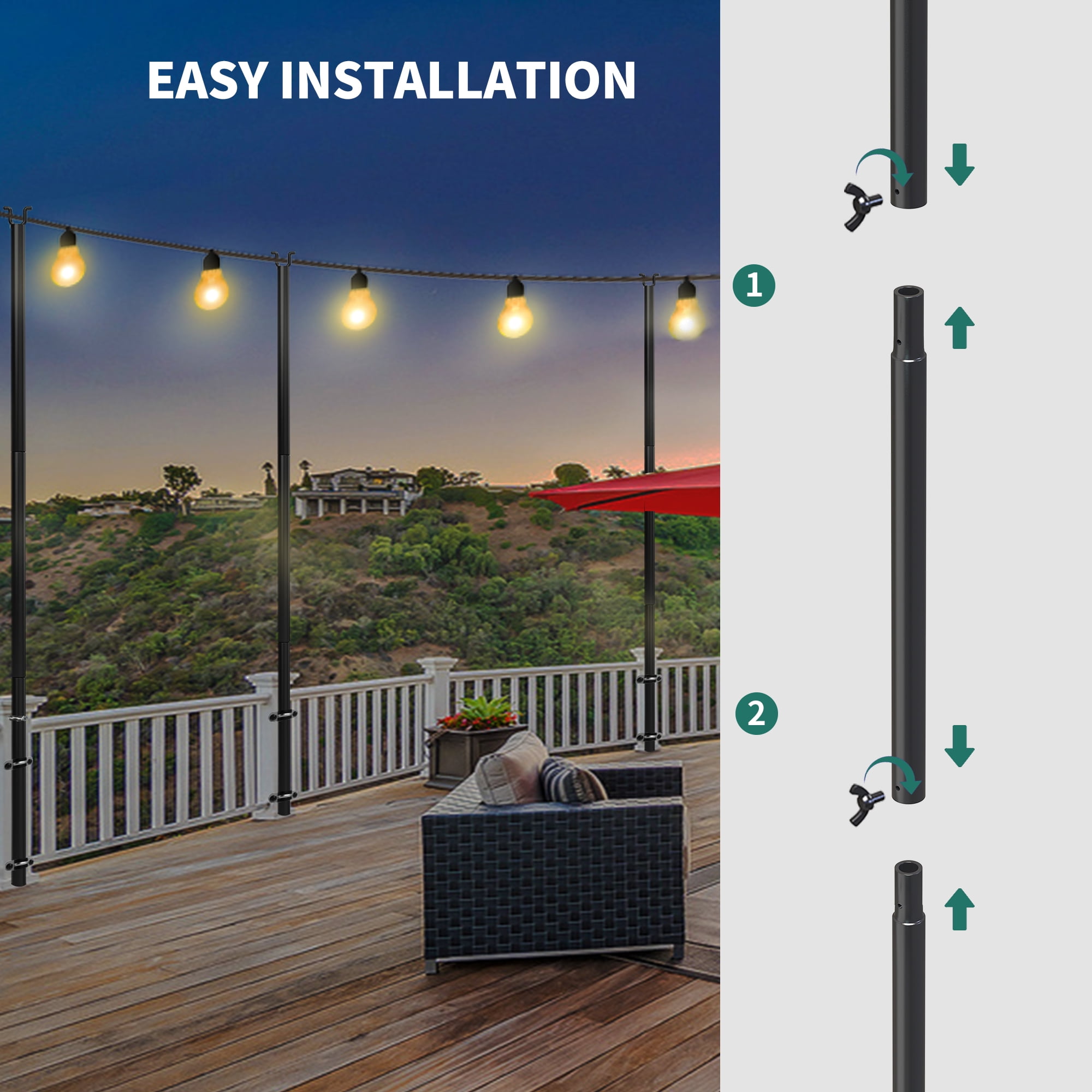 Uforic 6 Pack String Light Pole, 11ft 4-in-1 Outdoor String Light Pole Stand to Hang String Lights for Patio, Garden, Backyard, Wedding, Parties, Deck, Fence - Classic Black