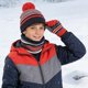 thumbnail image 3 of Conjunto de gorro y bufanda de invierno para niños de poliéster, a rayas con pompón, 3 piezas, cálido, para niños y niñas, ideal para esquí, patinaje, viajes y colegio, 3 of 3