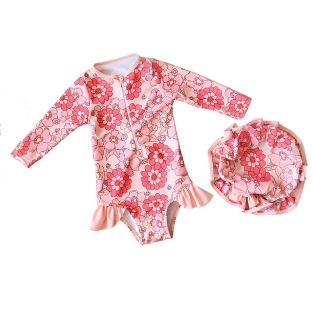 REDARER Girls Floral Print Swimsuit Rash Guard Bathing Set Cute Toddler Kids Beach Pool Party Wear