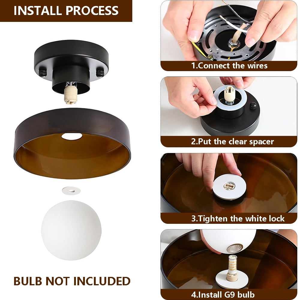 Mid-Century Modern Semi Flush Mount Ceiling Light, Kitchen Ceiling Light Fixture with Glass Shade,Vintage Close to Ceiling Lamp for Entryway Hallway Bathroom