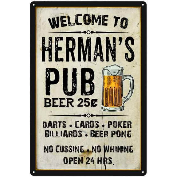 HERMAN'S Pub Sign Vintage Man Cave Bar 8 x 12 High Gloss Metal 208120028186