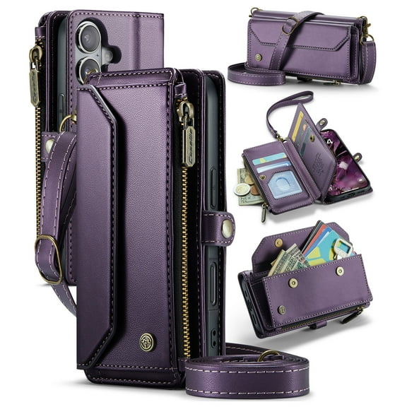 Allytechgroup Crossbody Wallet Case for iPhone 17, Shoulder Strap Hand Wrist Cards Slots RFID Blocking Large Capacity Zipper Pocket  Shockproof Slim Phone Case for Girls Women, Purple