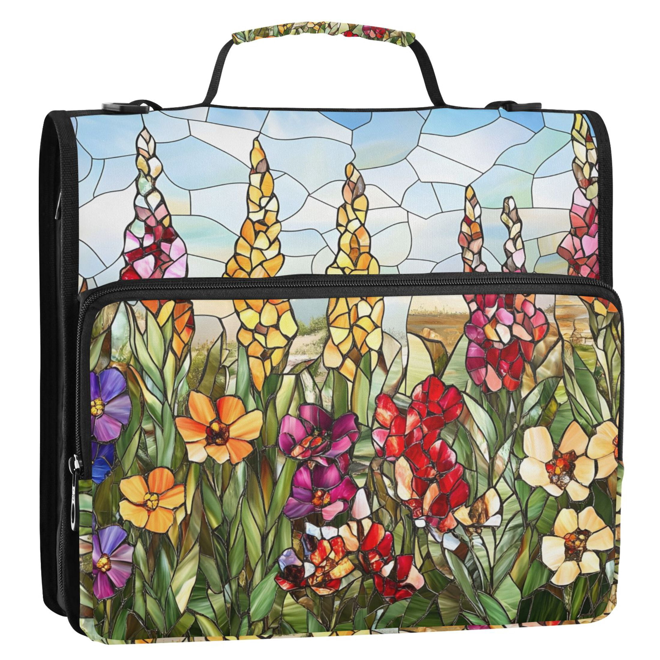 3 Ring Zipper Binder with Shoulder Strap Waterproof Trapper Keeper 2 Inch D-Ring 500 Sheets Capacity Colored Glass Flowers