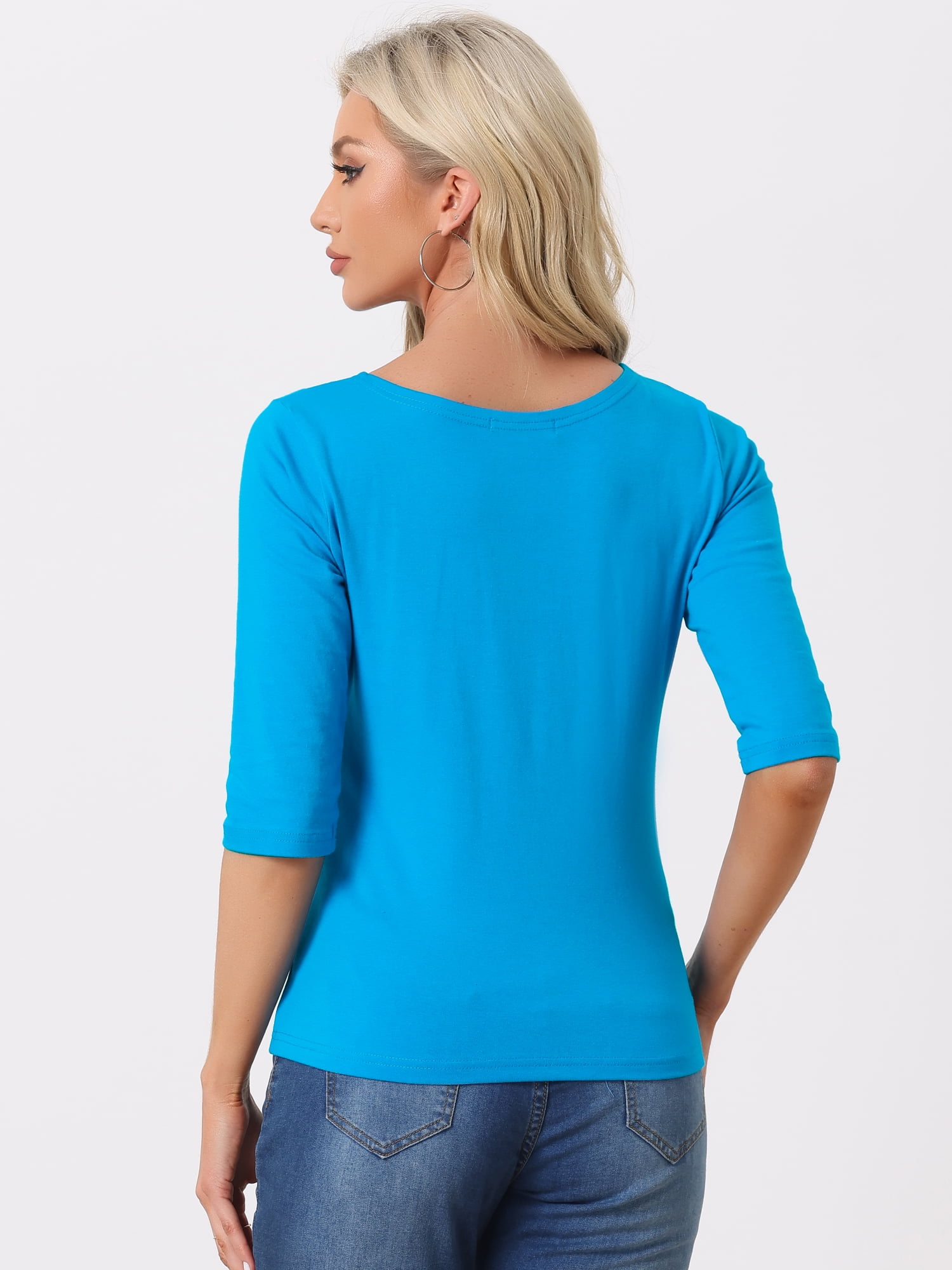 DARING DIVA Women's Elbow Sleeves Boat Neck Slim Fit Classic Tee XL Lake Blue