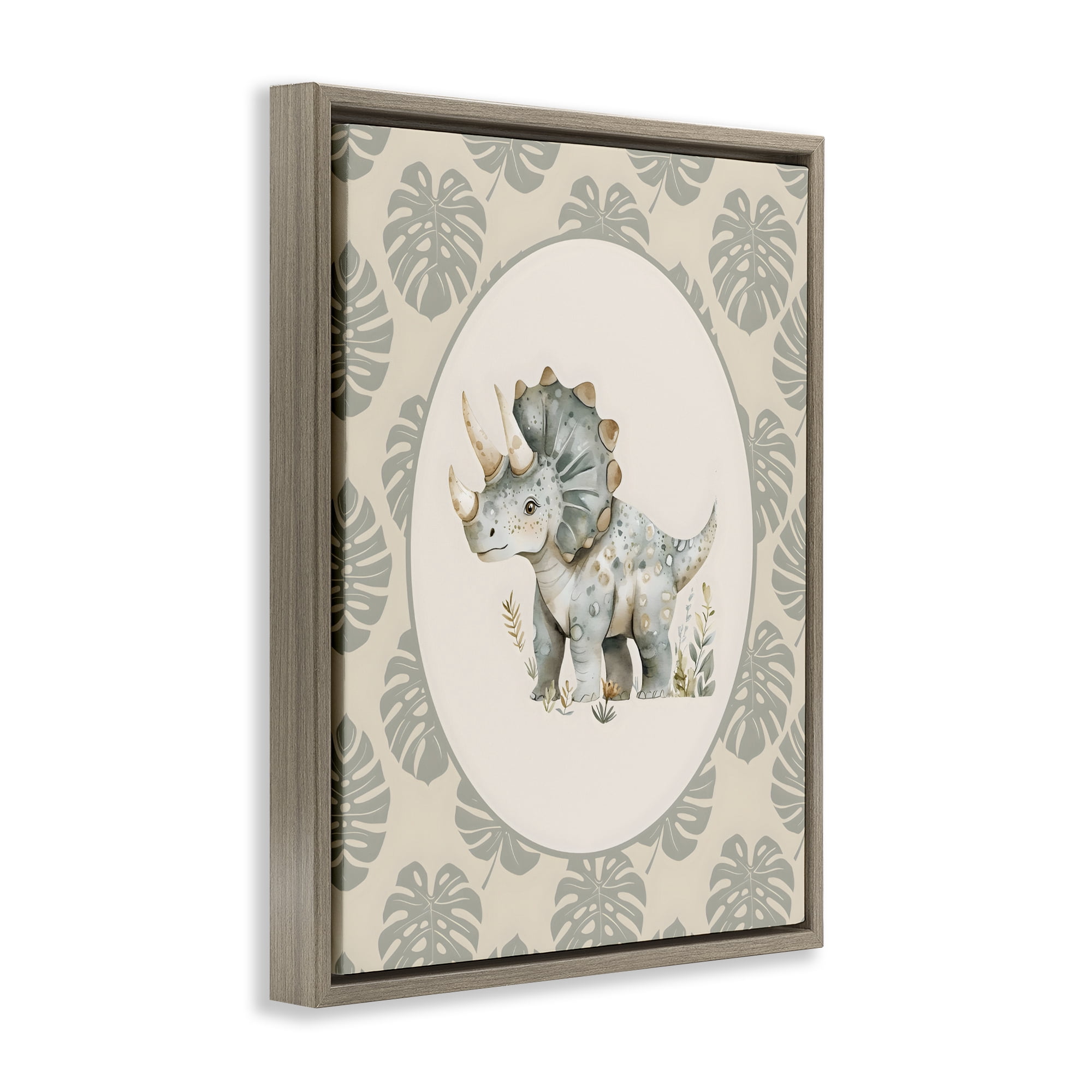 Stupell Industries Watercolor Dinosaur Tropical Border Brown Framed Floater Canvas Wall Art, design by LSR Design Studio