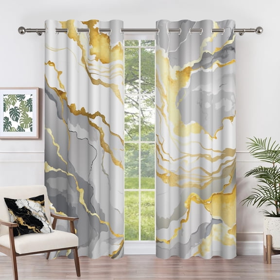 Grey Gold Marble Blackout Curtain Set of 2 Panels,Modern Thermal Insulated Window Drapes for Living Room,42x63 inch Long Grommet Curtain