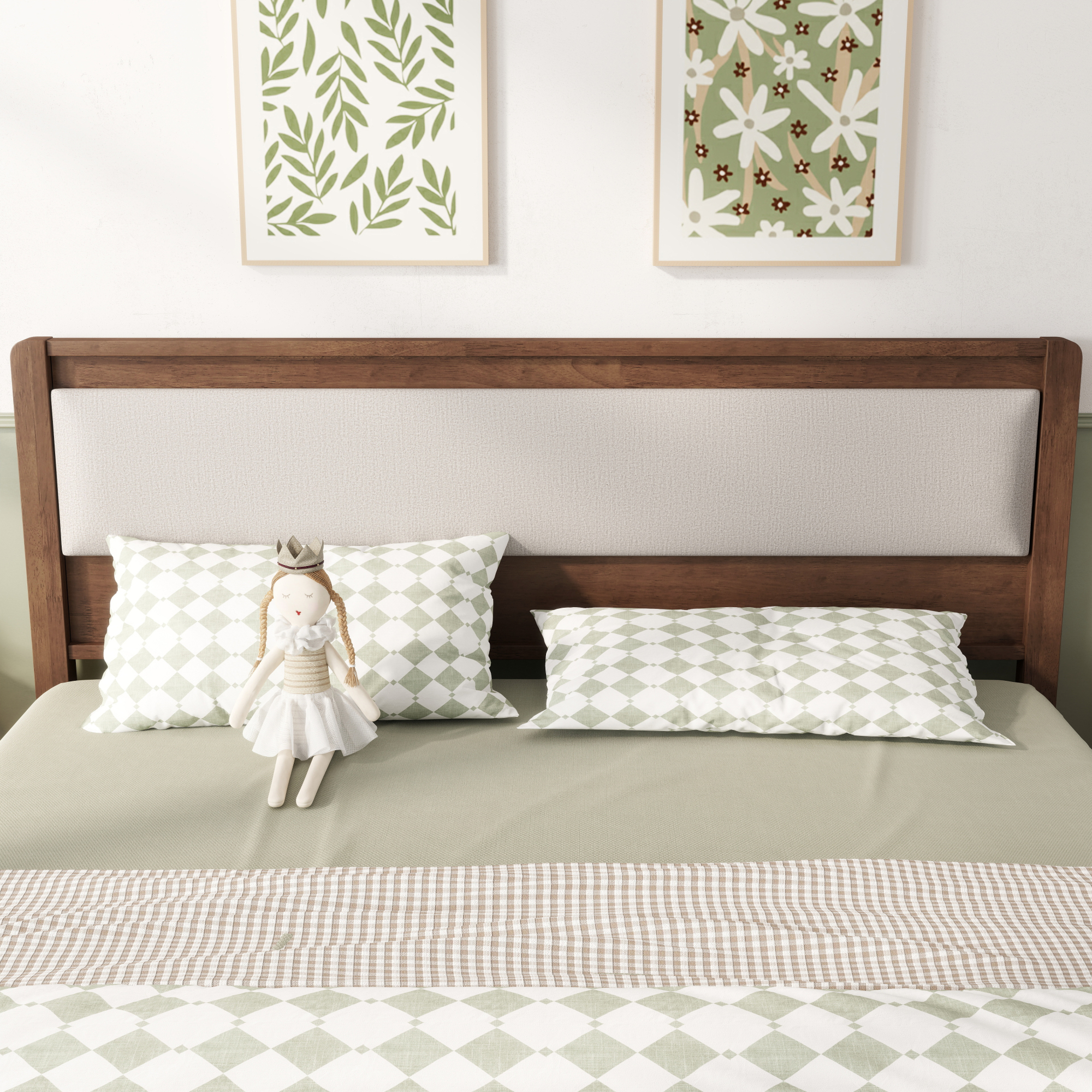 HOQBN Queen Solid Rubberwood Bed Frame with Upholstered Headboard, Reinforced Central Support Legs for Bedroom Walnut