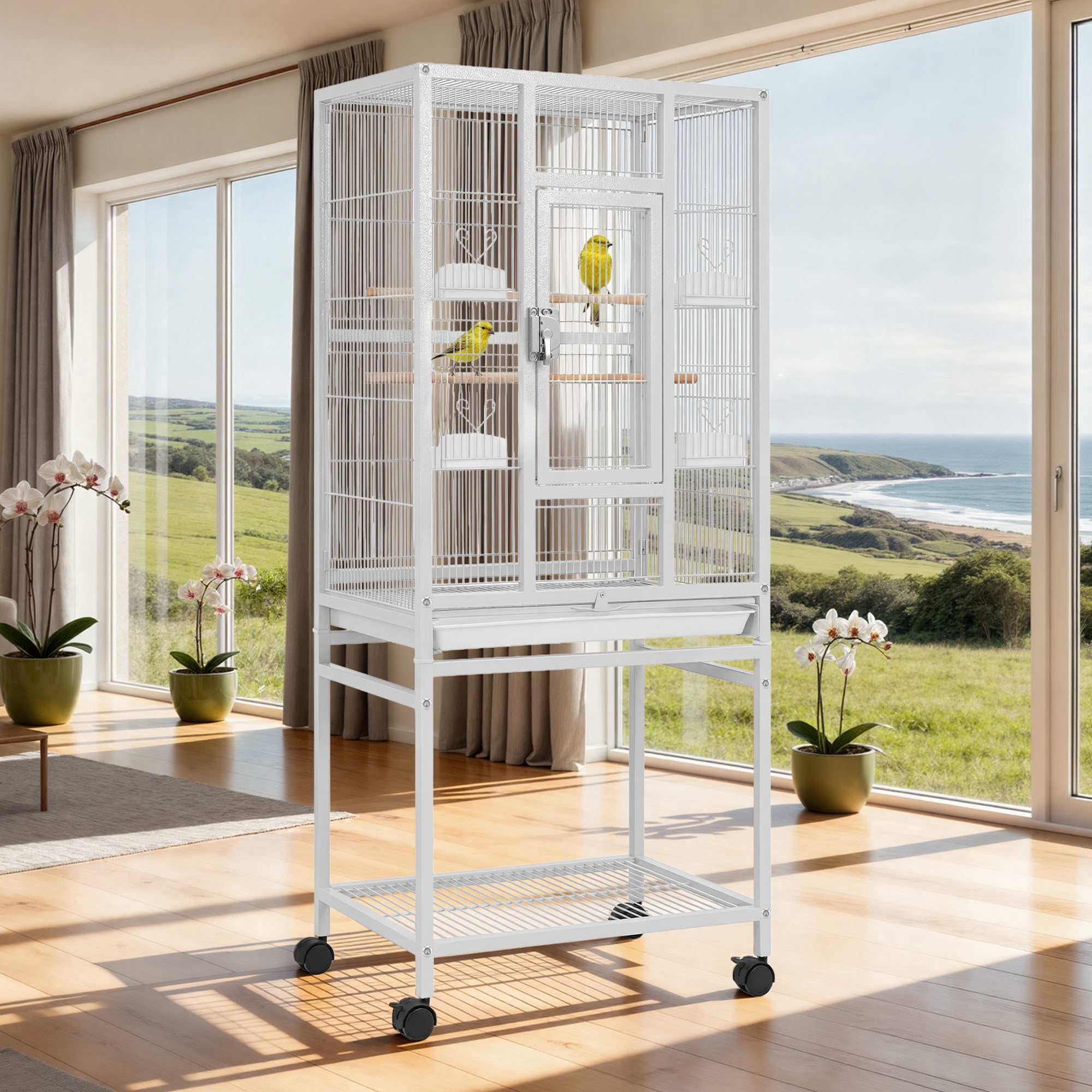 Uforic 53" White Metal Birdcage with Rolling Stand, 2 Perches & 4 Feeders for Small-Medium Birds