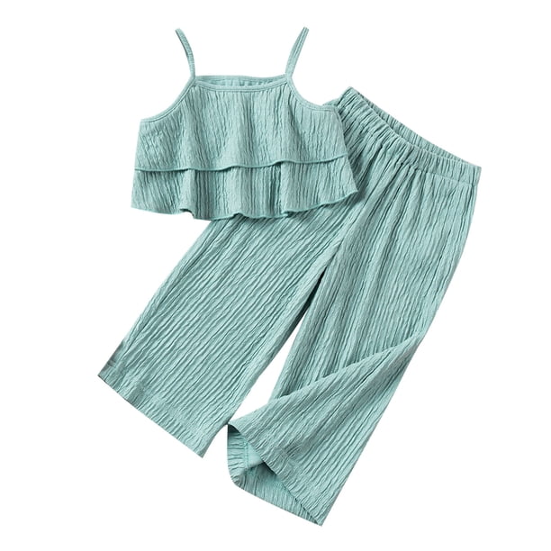 Odeerbi 1-13 Años Conjunto de Verano Para Niñas Camisola Con Volantes de Algodón Pantalones de Pata Ancha Conjunto de Dos Piezas Camiseta de Rayas Onduladas Pantalones Sueltos Conjunto