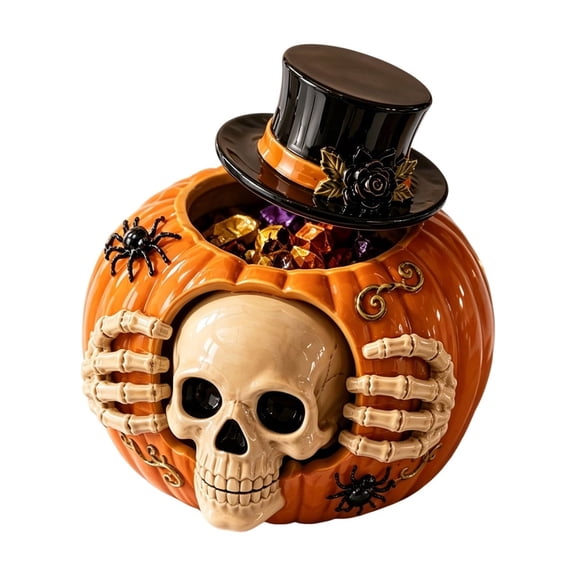 AHGQT Halloween Skull Pumpkin Candy Jar, Gothic Resin Candy Holder, Food Box for Candy, Cookies, Snacks, Halloween Party Table Decor & Gift