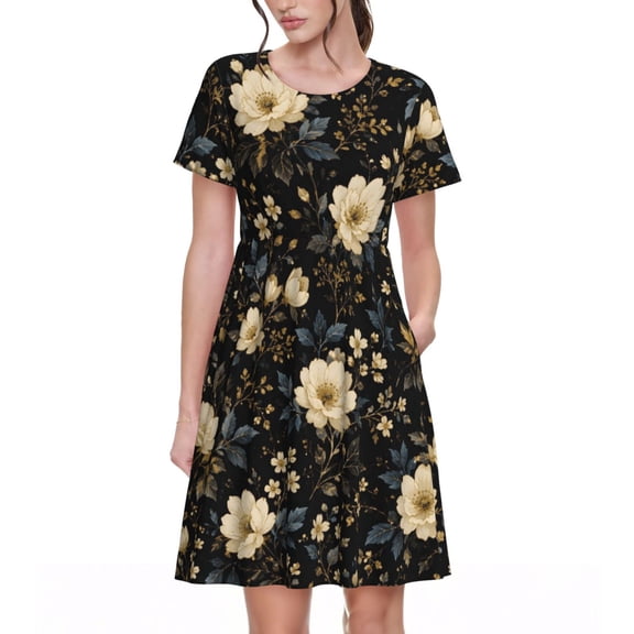 Black Florald Dresses Short Sleeve Nightdresses for Women