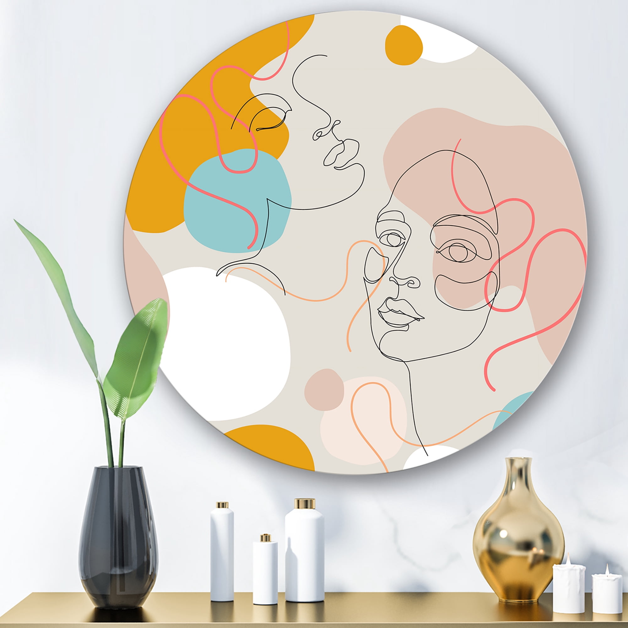 Designart 'Minimal Portrait of Female Face Drawn With One Line II' Modern Circle Metal Wall Art 23x23 - Disc of 23