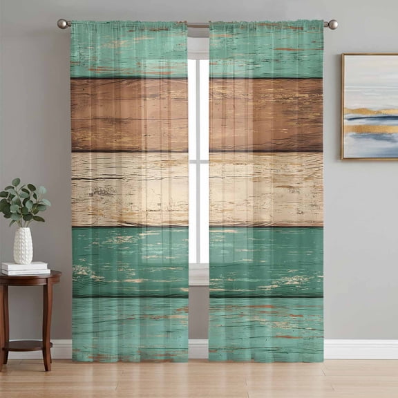 Farmhouse Teal Brown Sheer Curtains 84 Inch Length 2 Panels Set, Vintage Wooden Striped Voile Window Treatment Rod Pocket Curtains Sheers Drapes for Bedroom/Living Room/Kitchen 52"x84"x2