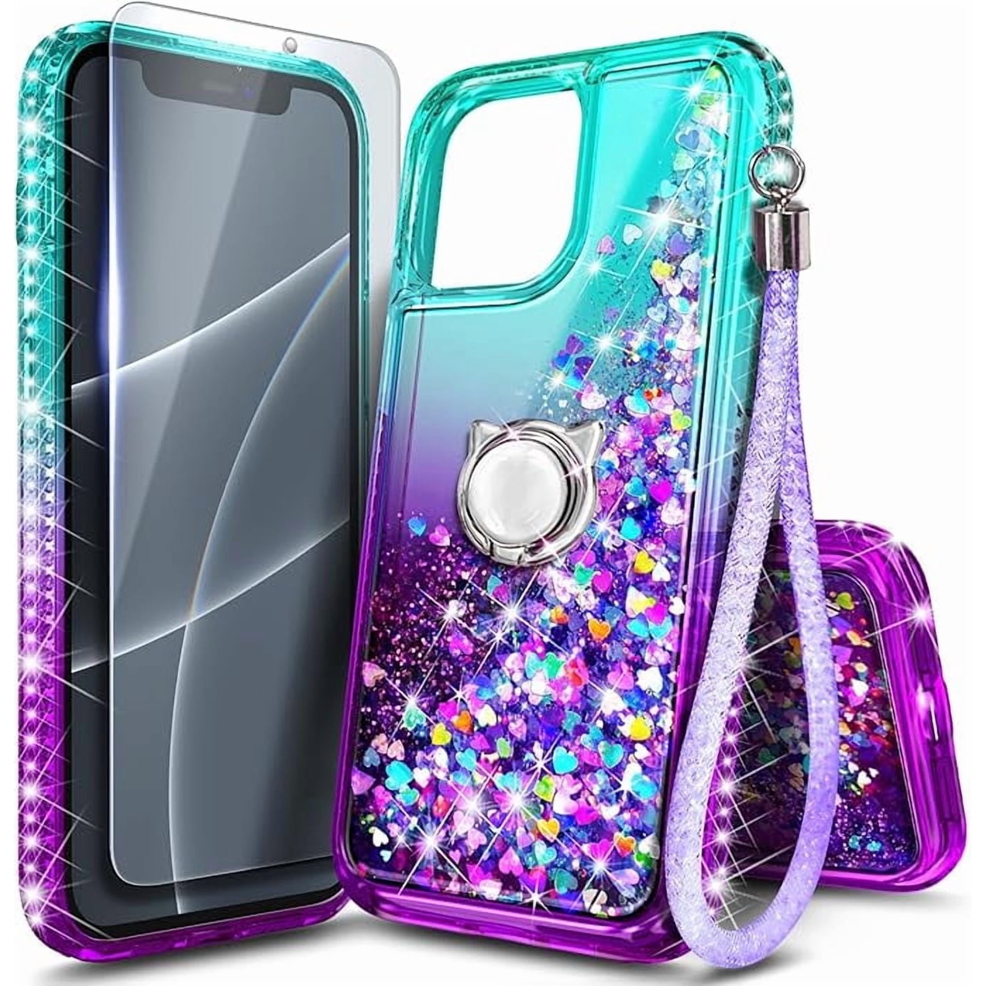 Nagebee Phone Case for iPhone 11 with Tempered Glass Screen Protector, Sparkle Glitter Liquid Bling Diamond [Ring Holder & Wrist Strap] Women Girls Cute Case (Aqua/Purple)