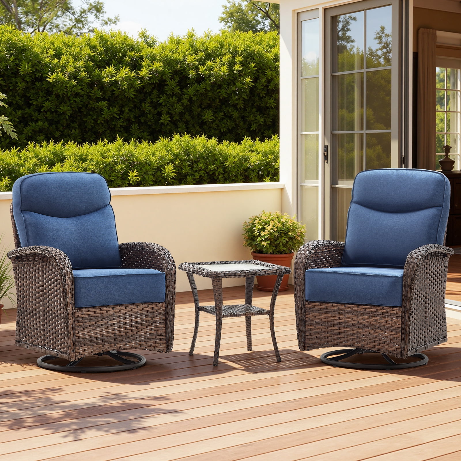 POCASSY Patio Swivel Chairs with 6-Inch Extra Thick Cushion, 3-Piece Patio Furniture Set, High Back Swivel Chairs Set of 2 with Side Table, All-Weather Brown Wicker Blue Cushion, for Porch Balcony